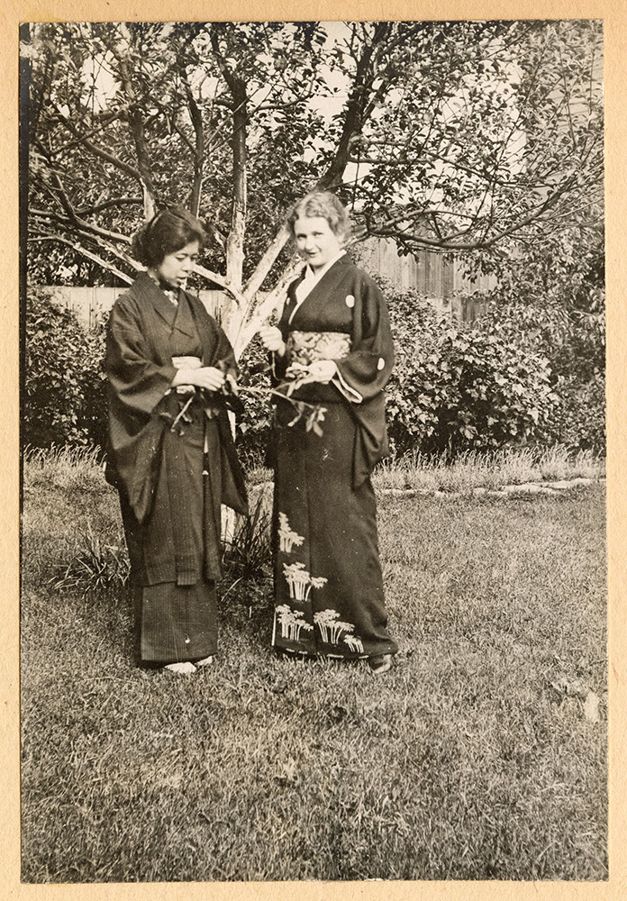 Tadako Hibi and Miss Tompkins in the garden